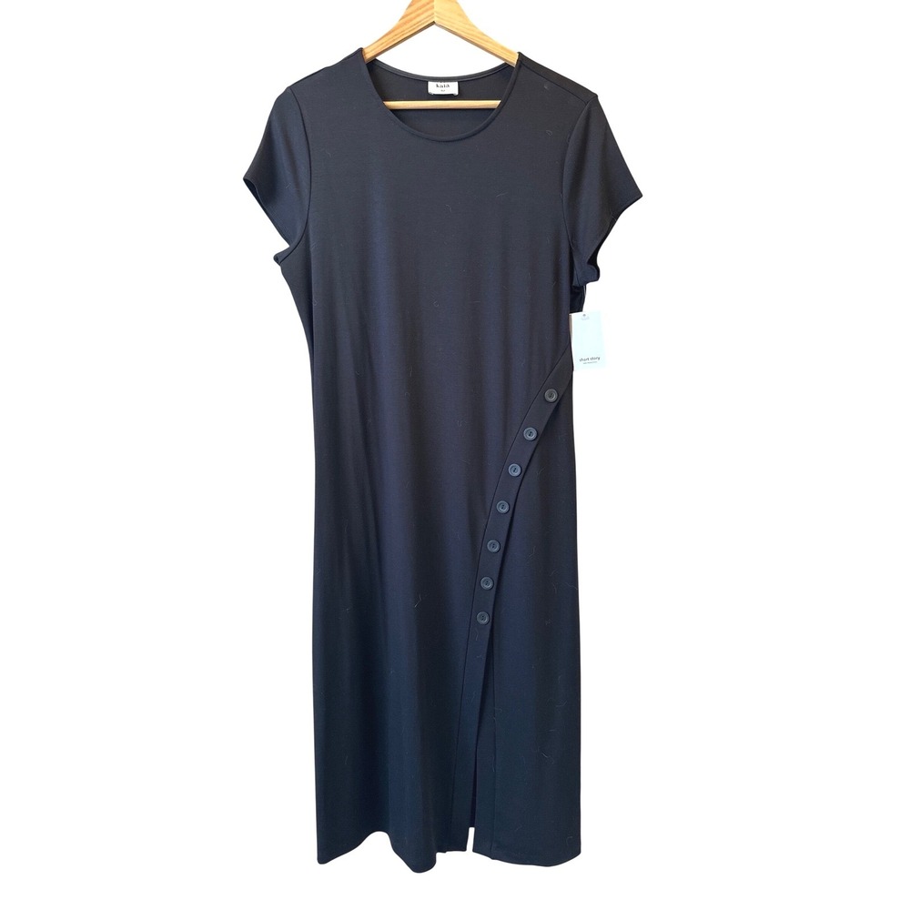 Kaia Black Short Sleeve Midi Dress XL Petite Button Detail Minimalist ClassicNWT